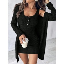 Passense Kadın Askılı Yuvarlak Yakalı Önü Düğmeli Şardonlu Kaşkorse Mini Elbise ve Kısa Ceket