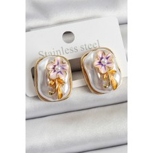 Dktt Pirinç Beyaz Mineli Inci Detaylı Çiçek Figürlü Sanatsal Portre Model Gold Renk Kadın Küpe - TJ-BKP10692