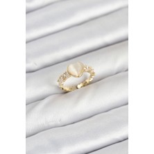 Pirinç Gold Renk Zirkon Taşlı Kalpli Kadın Yüzük - TJ-BYK3856