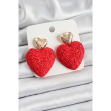 Dktt Kırmızı Kalp Figürlü Hasır Örgü Model Gold Renk Kadın Küpe - TJ-BKP10735