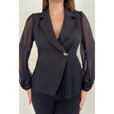 Zishan Fashion Piliseli Kadın Ceket Metal Düğme Detaylı Kolları Tül Şık ve Modern Tasarım 033