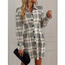 Arben Boutique Kadın Uzun Kollu Yakalı Önü Düğmeli Mini Modal Elbise