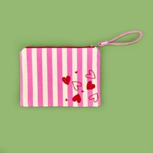 Barnaby Çizgili Kalp Detaylı Kozmetik Çantası - Pembe / Bej - 16X25 cm