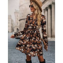 Tiana Kadın Uzun Kollu Kruvaze Yaka Çiçek Desenli Dalgıç Elbise