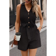 Kadın Sıfır Kollu Yakalı Düğmeli Belden Kuşaklı Kısa Keten Tulum