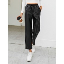 Ahes Shopping Kadın Yüksel Bel Bağcıklı Deri Pantolon