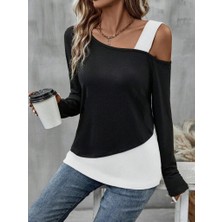 Arben Boutique Kadın Tek Omuzu Açık Askılı Çift Renkli Uzun Kollu Viskon Bluz