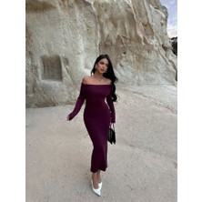 Tiana Kadın Uzun Kollu Madonna Yaka Midi Boy Elbise