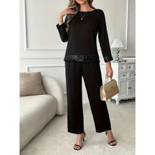 Aisha Elbise Kadın Uzun Kollu Bisiklet Yaka Pulpayetli Viskon Iki Iplik Bluz ve Pantolon Ikili Takım