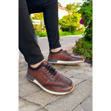 Erkek Kahverengi Deri Spor Ayakkabı Siyah Bağcıklı Şık ve Rahat Günlük Ayakkabı