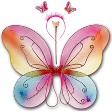 Bebek ve Parti Kelebek Kanat, Asa Taç 3'lü Set - Rainbow