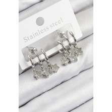 Dktt Pirinç Zirkon Taşlı Sallantılı Yıldız Model Gümüş Renk Kadın Küpe - TJ-BKP11116