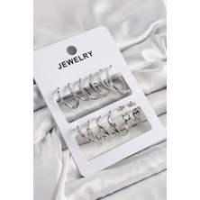 Dktt Pirinç Karışık Halka Model Gümüş Renk 6 Çift Kadın Küpe Set - TJ-BKP10877