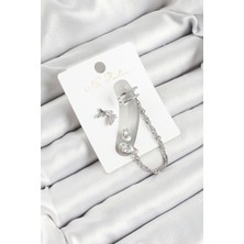 Dktt Pirinç Kelebek Figürlü Zirkon Taşlı Gümüş Renk 3'lü Kıkırdak Kadın Küpe Set - TJ-BKP10659