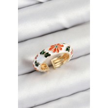 Dktt Pirinç Beyaz Mineli Çiçek Motifli Gold Renk Ayarlanabilir Kadın Yüzük - TJ-BYK3806