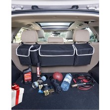 Araba Bagaj Organizer – Koltuk Arkası Askılı Oto Düzenleyici, 4 Bölmeli Dayanıklı Depolama Çantası, Siyah (90X25X12 Cm)