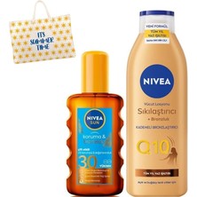 Güneş Koruyucu Bronzlaştırıcı Vücut Sprey 200ML, SPF30 ve Q10 Sıkılaştırıcı Losyon 200ML, Çanta