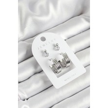 Dktt Pirinç Zirkon Taş ve Halka Figürlü Gümüş Renk 3'lü Çift Kadın Küpe Set - TJ-BKP10649