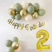 Pearl Shop Gitti 2 Yaş Küf Yeşili, Deniz Kumu ve Krom Gold Balonlu Konsept Doğum Günü Seti