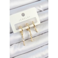 Dktt Pirinç Zirkon Taşlı Sallantılı Model Gold Renk 3'lü Çift Kadın Küpe Set - TJ-BKP10815