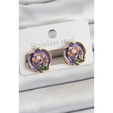 Dktt Pirinç Mor Mineli Çiçek Figürlü Sanatsal Portre Model Gold Renk Kadın Küpe - TJ-BKP10678