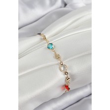 Dktt Pirinç Karışık Renk Zirkon Taşlı Gold Renk Kadın Bileklik - TJ-BB7051