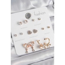 Dktt Pirinç Gold Renk Zirkon Taşlı Sallantılı Kalp Figür Kelebek Detay 7 Çift Kadın Küpe Seti - TJ-BKP10539