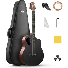 Pearl Shop Yeni Başlayanlar ve Orta Düzey Öğrenciler Için Akustik Gitar Kitleri - Karbon Fiber Üstlü 38" Seyahat Gitarı, Ahşap Arka ve Yanlar, Kılıf, Kayış, Çelik Teller, Rısıng-G1 (Parlak, Kahverengi)