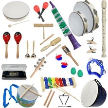 Pearl Shop Örf Aletleri Seti Over Paket-3 Marakas Zil Üçgen Ksilofon Melodika Mızıka Davul Flüt (23 Parça)