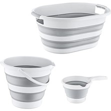 Pearl Shop 3'lü Set Katlanabilir Çamaşır Sepeti, Kova, Maşrapa, Plastik Akordiyon Yer Kaplamayan Tasarım