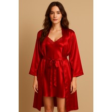 Cherry Queen Kırmızı Premium Saten Dantel Detaylı Gecelik & Uzun Sabahlık Takımı