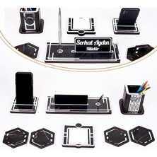 Pearl Shop Space+Gümüş Kalemlik Ahşap Masa Isimliği Seti Mermer Desen Hediye Ofis Organizer Masa Üstü Isimlik