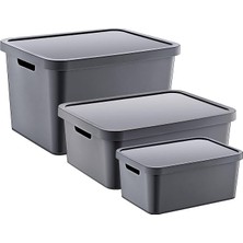 Pearl Shop 3'lü Set Stafi Kapaklı Kutu Antrasit (4,5-12-18 Lt)