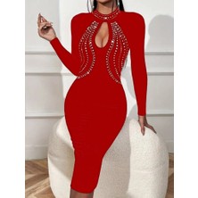 Arben Boutique Kadın Uzun Kollu Balıkçı Yaka Taşlı Damla Detay Midi Ithal Krep Elbise