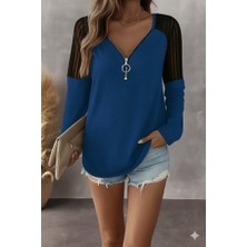 Mç Plus Kadın Uzun Kollu Yakadan Fermuarlı Viskon Bluz