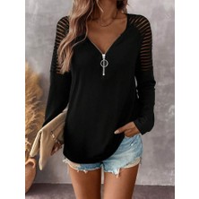 Arben Boutique Kadın Uzun Kollu Yakadan Fermuarlı Viskon Bluz