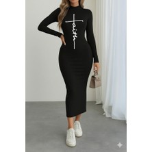 Arben Boutique Kadın Uzun Kollu Boğazlı Baskı Detaylı Viskon Tam Boy Elbise