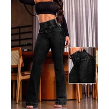 Arben Boutique Kadın Yüksek Bel Yanları Lastik Önü Düğmeli Kot Pantolon