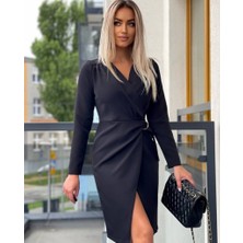 Mç Plus Kadın Uzun Kollu Kruvaze Yaka Etek Kruvaze Kesim Bel Toka Detaylı Krep Elbise