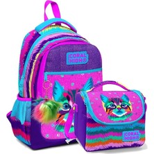 Pearl Shop High Okul Sırt Çantası ve Beslenme Çantası Seti - Kız Çocuk Mor Pembe Kedi