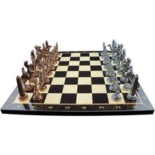 Pearl Shop Metal Mısır Satranç Takımı Antik ve Ceviz Desenli Mdf Ahşap Satranç Tahta (37X37 Cm.)
