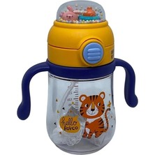 Pearl Shop 260ML Pipetli Sevimli Arkadaşlar Desenli Çıngıraklı Akıllı Pipet Toplu Tritan Su Matarası (Sarı-Lacivert)