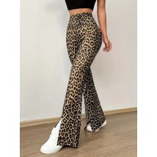 Gökyüzü Moda Kadın Yüksek Bel Leopar Desenli Yırtmaçlı Dalgıç Tayt
