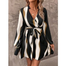 Arben Boutique Kadın Uzun Kollu Kruvaze Yakalı Desenli Modal Mini Elbise