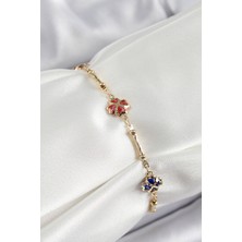 Dktt Pirinç Gold Renk Karışık Renk Yonca Zirkon Taşlı Kadın Bileklik - TJ-BB7056