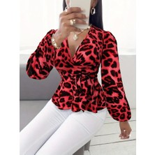 Nidam Butik Kadın Uzun Kollu Kruvaze Yakalı Belden Kuşaklı Leopar Desenli Süprem Bluz