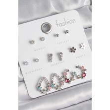 Dktt Pirinç Gümüş Renk Zirkon Taşlı Damla Model Çiçek Detay 7 Çift Kadın Küpe Seti - TJ-BKP10549