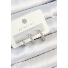 Dktt Pirinç Zirkon Taşlı Halka Model Gümüş Renk 3'lü Çift Kadın Küpe Set - TJ-BKP10793