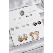 Dktt Pirinç Gold Renk Zirkon Taşlı Kalp Figür Siyah Yonca Detay 7 Çift Kadın Küpe Seti - TJ-BKP10541