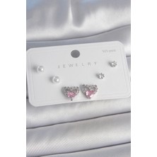 Skygo Pirinç Gümüş Renk Pembe Zirkon Taşlı Kalp Model İnci Detay 925 Ayar Gümüş Çivi Kadın Küpe Seti - TJ-BKP10489